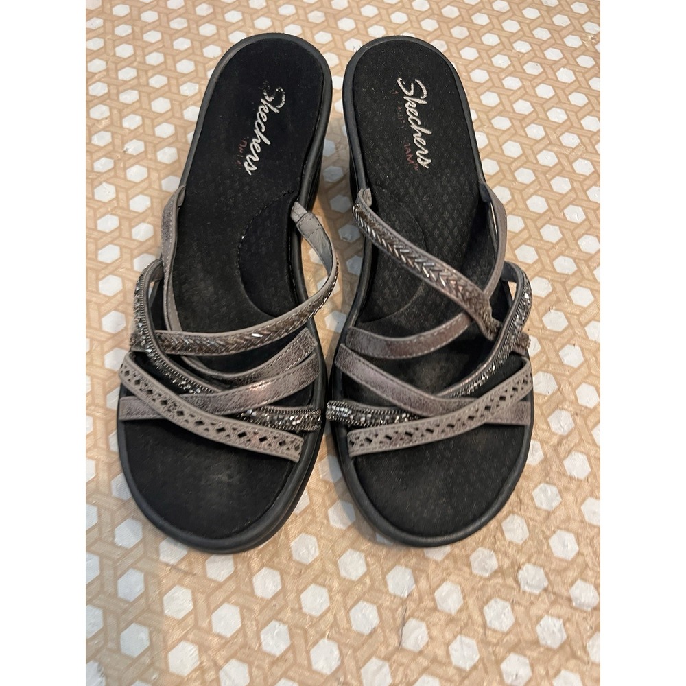 Skechers Women's Memory Foam Strappy Wedge Slip-On Sandals Rhinestone Size 9